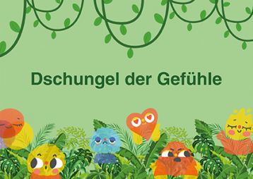 Eine farbenfrohe Illustration von Tieren in einem Dschungel, die verschiedene Emotionen darstellen, umgeben von grüner Pflanzenwelt.