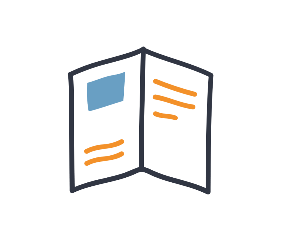 Ein einfaches Design für einen Faltprospekt mit zwei Spalten und stilisierten Texten in orange und blau.