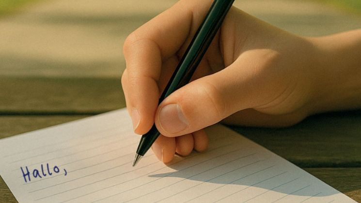 Eine Hand hält einen Stift und schreibt 'Hallo' auf ein liniertes Blatt Papier in einem sonnigen Park.