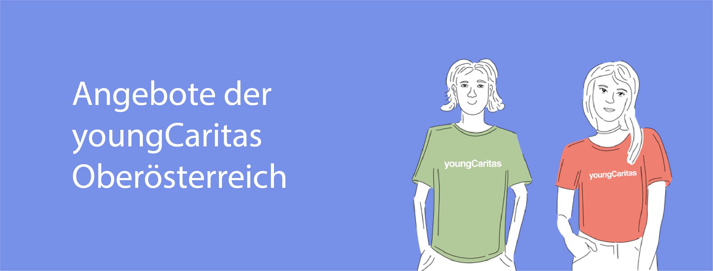 Zwei Personen in youngCaritas-T-Shirts posieren vor einem blauen Hintergrund, die Angebote der youngCaritas Oberösterreich repräsentierend.