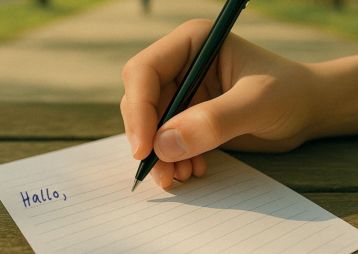 Eine Hand hält einen Stift und schreibt 'Hallo' auf ein liniertes Blatt Papier in einem sonnigen Park.