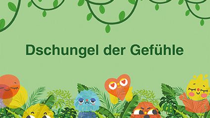 Eine farbenfrohe Illustration von Tieren in einem Dschungel, die verschiedene Emotionen darstellen, umgeben von grüner Pflanzenwelt.
