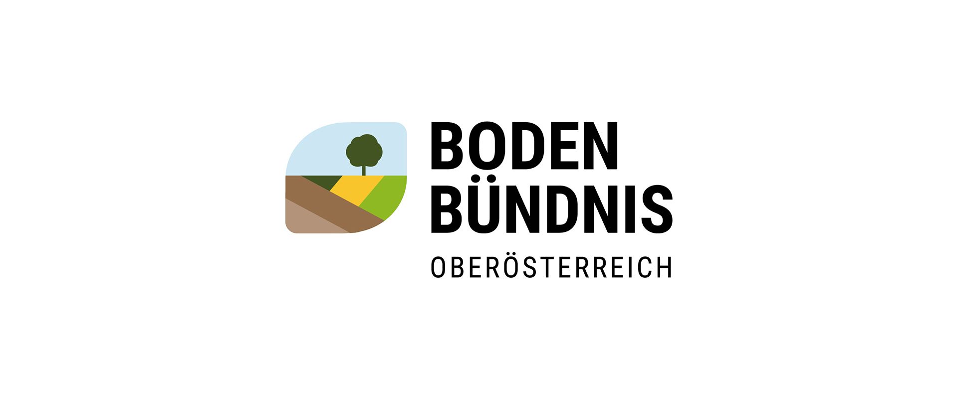 Das Logo des Bodenbündnisses Oberösterreich zeigt eine stilisierte Landschaft mit Feldern und einem Baum unter blauem Himmel.