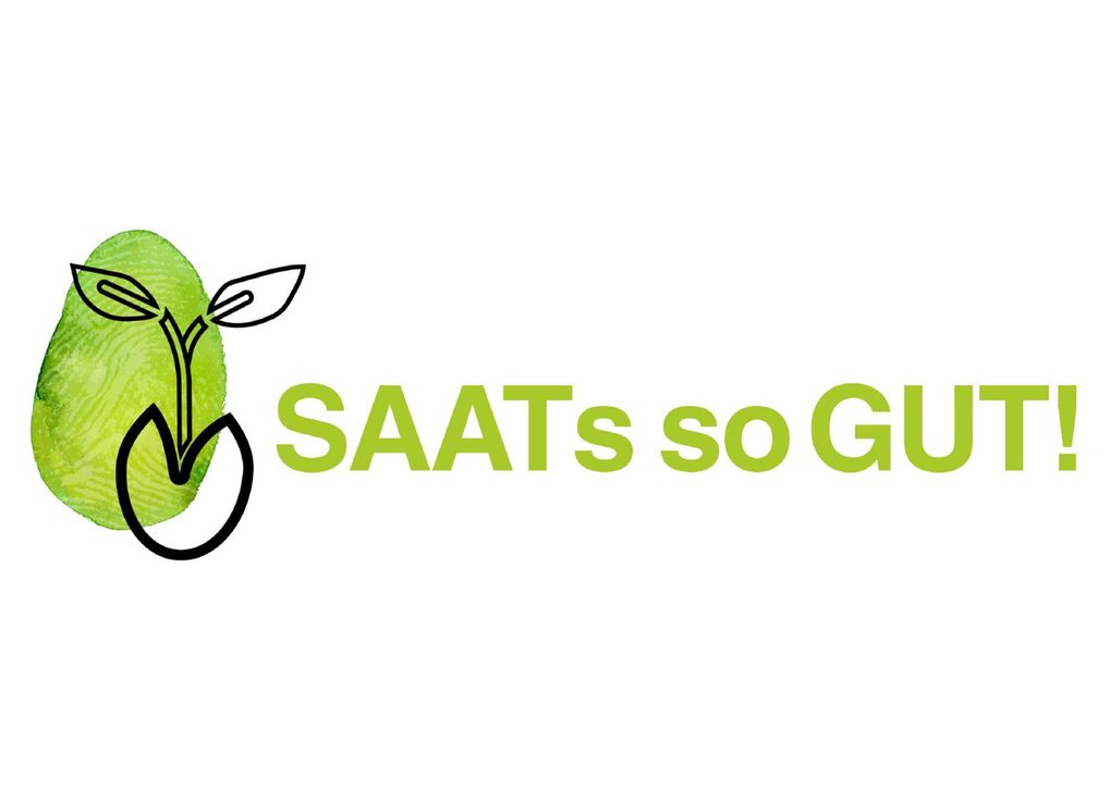 Logo von SAATs so GUT! mit einer grünen Pflanze, die aus einem Samen wächst.