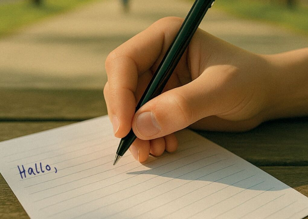Eine Hand hält einen Stift und schreibt 'Hallo' auf ein liniertes Blatt Papier in einem sonnigen Park.